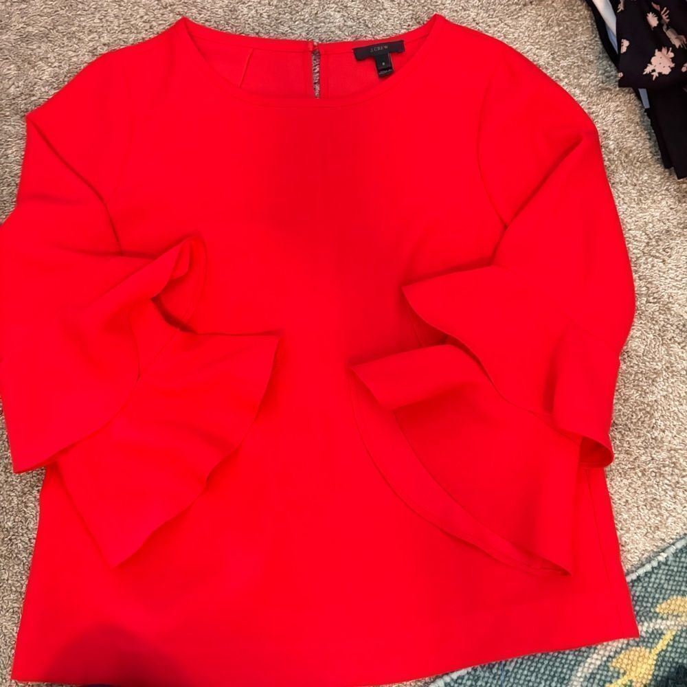 J. Crew Red Loose 3/4 Ruffle Sleeve Blouse- EUC Sz 8